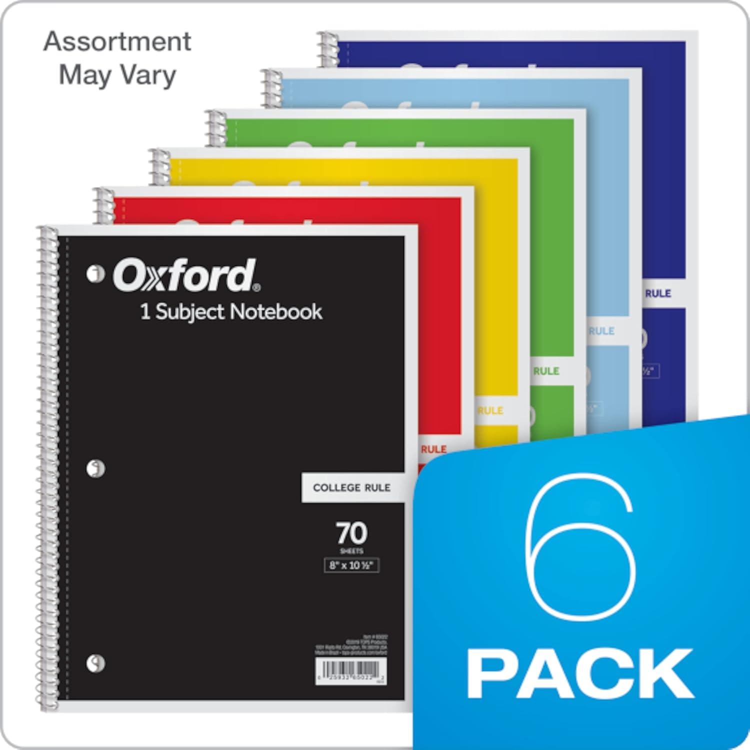 imageOxford Spiral Notebook 6 Pack 1 Subject College Ruled Paper 8 x 1012 Inch Color Assortment Design May Vary 65007College Rule  6 Pack