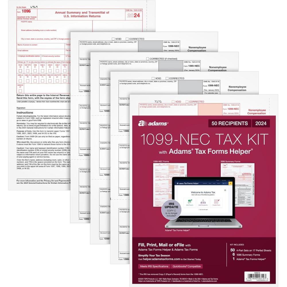 imageAdams 2024 1099 NEC Tax Forms 4 Part 1099 Forms LaserInkjet Forms for 50 Recipients 6 1096 Forms Access to Tax Forms Helper 1009319