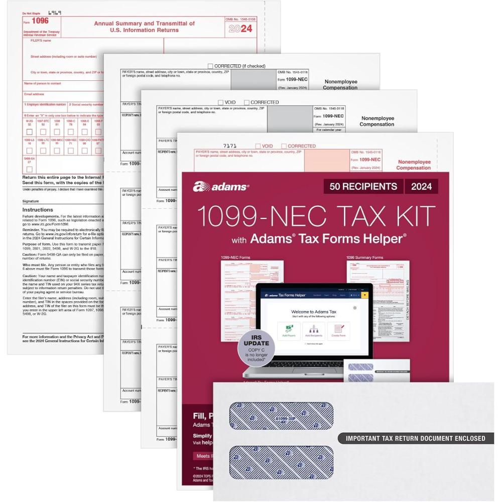 imageAdams 2024 1099 NEC Tax Forms Kit for 50 Recipients 3Part 1099 Forms 6 1096 Forms Self Seal Envelopes Access to Adams Tax Forms Helper 1009315