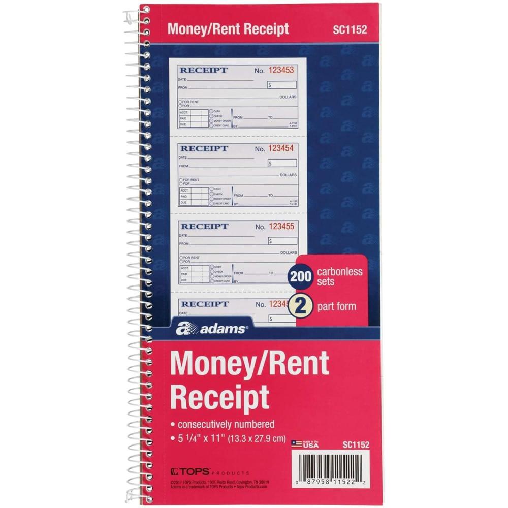 imageAdams Money and Rent Receipt Book 2Part Carbonless 514 x 11 Spiral Bound 200 Sets per Book 4 Receipts per Page SC1152Smaller pack