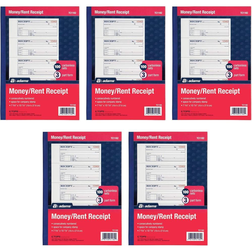 imageAdams Money and Rent Receipt Books 3Part Carbonless 758quot x 1078quot Bound Wraparound Cover 100 Sets per Book 4 Receipts per Page 5 Books per Pack TC11825758 x 1078
