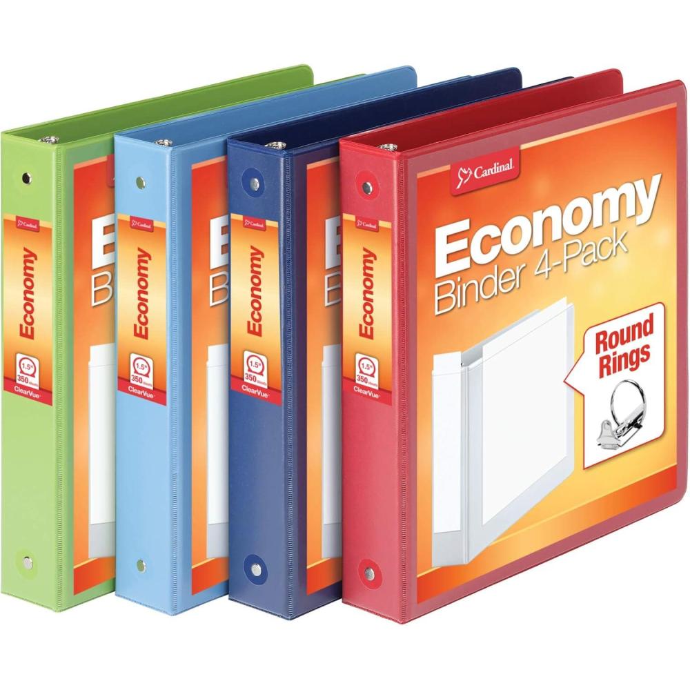imageCardinal 3 Ring Binders Round Rings Holds 350 Sheets ClearVue Presentation View NonStick Assorted Colors 79550 15 Inch Pack of 4