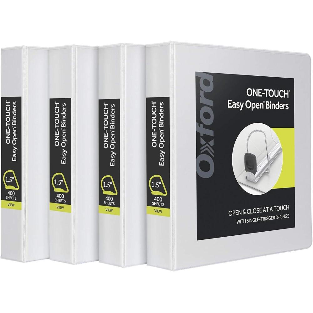 imageOxford 3 Ring Binders Binders for School and Office 15 Inch ONETouch Easy Open D Rings 3Sided View Binder Covers Xtralife Hinge NonStick PVCFree White 375Sheet Capacity 4 Pack 7990615 Inch