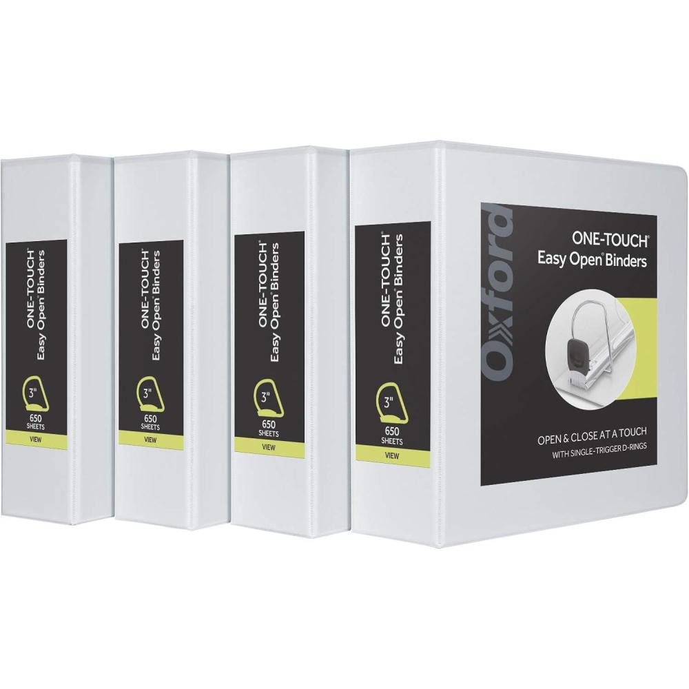 imageOxford 3 Ring Binders Binders for School and Office 15 Inch ONETouch Easy Open D Rings 3Sided View Binder Covers Xtralife Hinge NonStick PVCFree White 375Sheet Capacity 4 Pack 799063 Inch