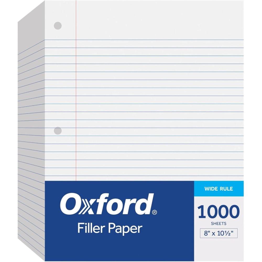 imageOxford Filler Paper 8 x 1012 Inch Wide Ruled Paper 3 Hole Punch Loose Leaf Notebook Paper for 3 Ring Binders 500 sheets 62330 whitePack of 1000