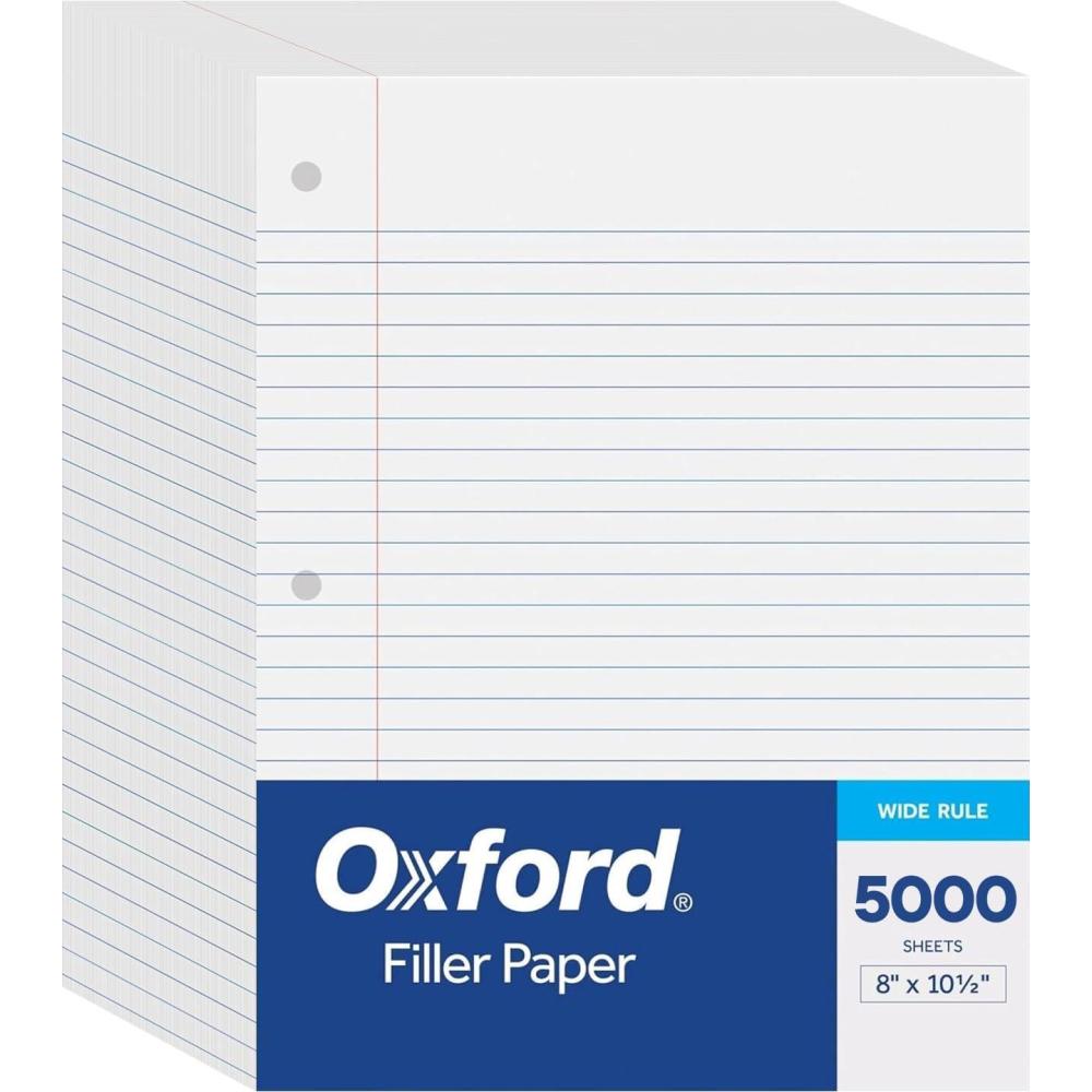 imageOxford Filler Paper 8 x 1012 Inch Wide Ruled Paper 3 Hole Punch Loose Leaf Notebook Paper for 3 Ring Binders 500 sheets 62330 whitePack of 5000