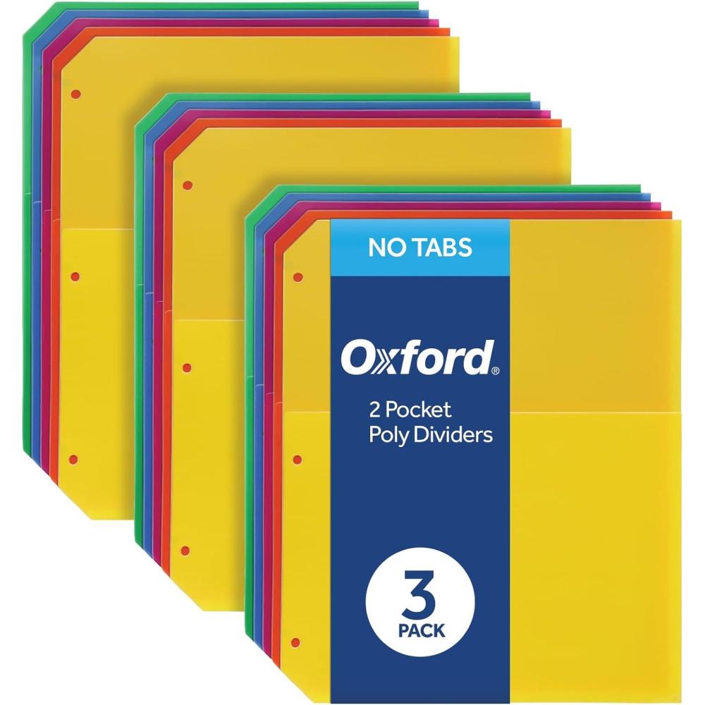 imageOxford Poly Binder Dividers Double Pocket 3 Hole Punch Organizers Pastel Colors 5 Untabbed NonStick Organizers Pack of 3 Index Dividers 59801Bright
