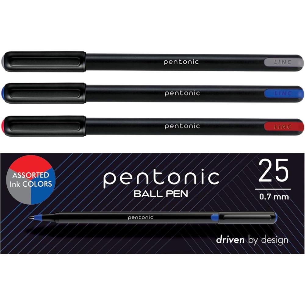 imagePentonic Ballpoint Pens 25 Count Black Colored Ink 10 mm Medium Point Smooth Writing For Journaling ampamp Note Taking PEN12128Black  Red  Blue