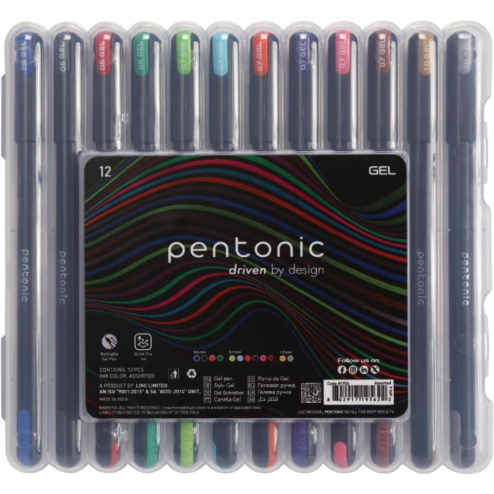 imagePentonic Gel Pens In Pen Organizer Case 12 Count Assorted Colored Ink 06 mm 07 mm 10 mm Smooth Writing PEN12185Chisel