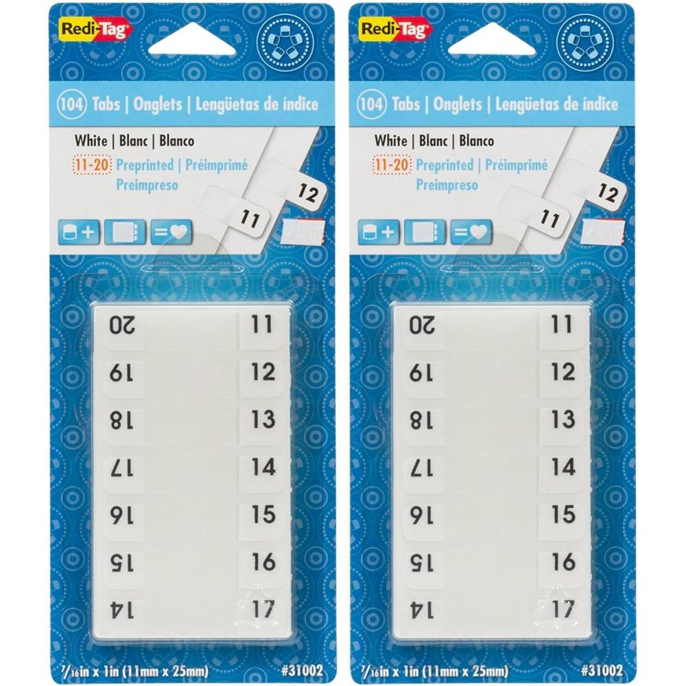 imageRediTag Numbered Tabs PrePrinted Divider Tabs Permanent Adhesive Index Labels Divider Labels for School Home and Office 716quot x 1quot 104 Tabs Per Pack B31001104 Count Pack of 2