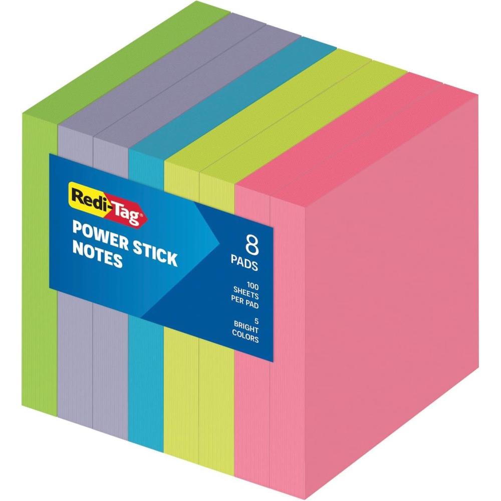 imageRediTag Sticky Notes Power Stick Notes Adhesive Reminders 3quot x 3quot Reusable Notes Strong Adhesive Memos Assorted Bright Colors 8 Pack 10009758 Pack