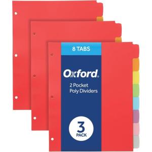 Oxford Poly Binder Dividers, 3 Hole Punch Organizers, Assorted Colors, 8 Tab Write and Erase Organizers, Durable Plastic Dividers for 3 Ring Binder, Pack of 3 Index Dividers (89994)
