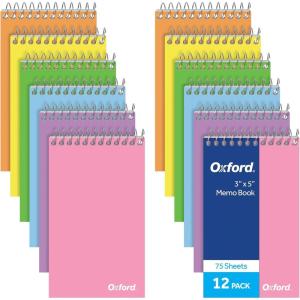 Oxford Spiral Memo Pads, Top Wire Bound, 3 x 5 Inch Pocket Notepad, College Ruled, 6 Assorted Pastel Colors, 75 Sheets, 12 Pack (25093)