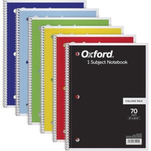 Oxford Spiral Notebook 6 Pack, 1 Subject, College Ruled Paper, 8 x 10-1/2 Inch, Color Assortment Design May Vary (65007)(College Rule – 6 Pack)