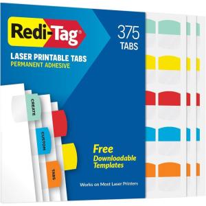 Redi-Tag Laser Printable Tabs, Permanent Index Tabs, Customizable Adhesive Labels, 5 Assorted Colors: Yellow, Red, Blue, Green, Orange, 1.125″ x 1.25″, 375 Per Pack (B39020)(375 labels)