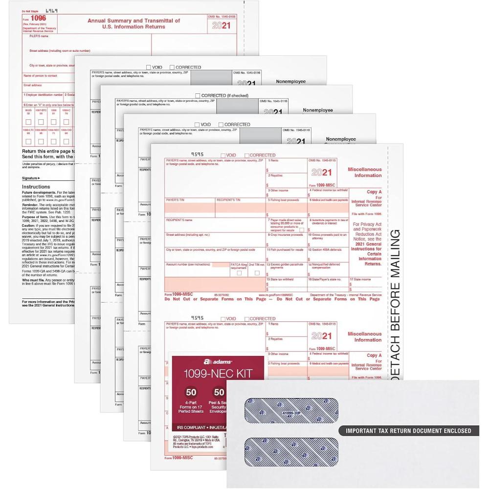 imageAdams 1099 NEC 3 Up Forms 2021 4 Part LaserInkjet 1099 Forms with Self Seal Envelopes for 50 Recipients Includes 3 1096 Forms TXA225504NEC21