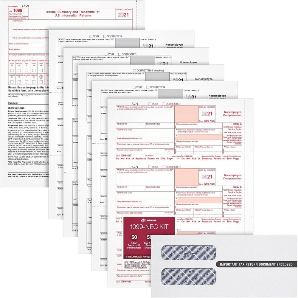 imageAdams 1099 NEC Forms 2021 5 Part Laser 1099 Forms with Self Seal 1099 Envelopes for 50 Recipients Includes 3 1096 Forms TXA2250ENEC212021