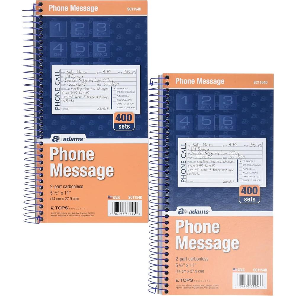 imageAdams Phone Message Book 525 x 11 Inch Spiral Bound 2Part Carbonless 4 Messages per Page 400 Sets 2Pack White and Canary S11542D