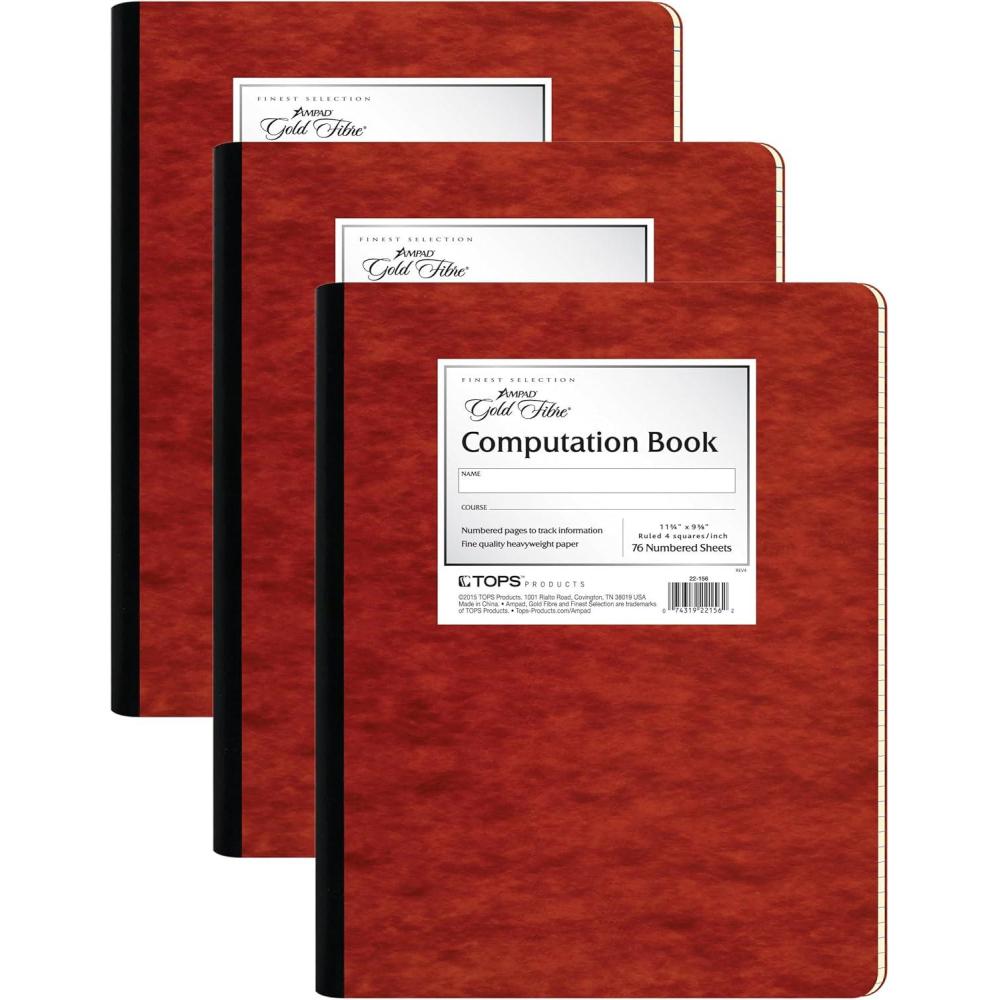 imageAmpad Gold Fibre Computation Book Red Cover Ivory Paper Letter Size 4 Square Inch Rule 76 Sheets 1 Each 221561 Count Pack of 3