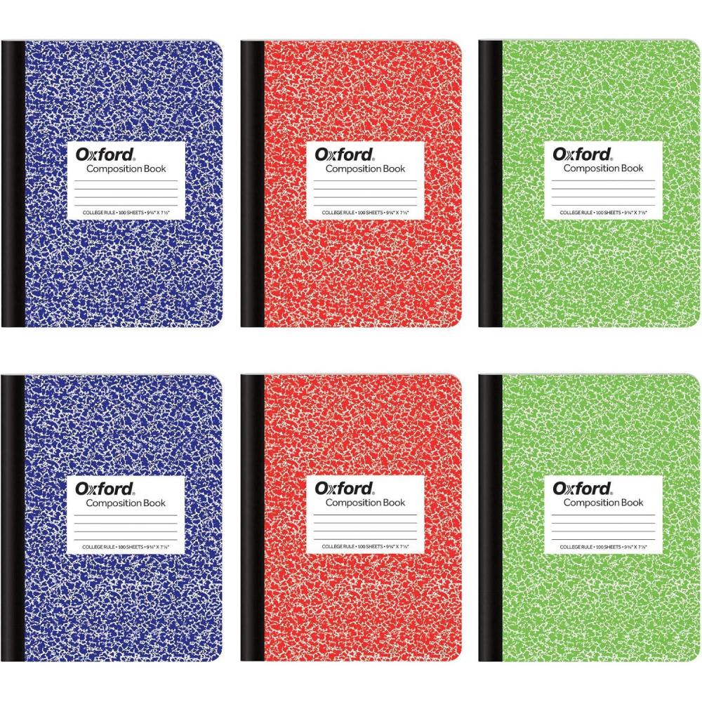 imageOxford Composition Notebook 6 Pack College Ruled Paper 934 x 712 Inches 100 Sheets Assorted Marble Covers 2 Each Blue Green Red 63763Assorted
