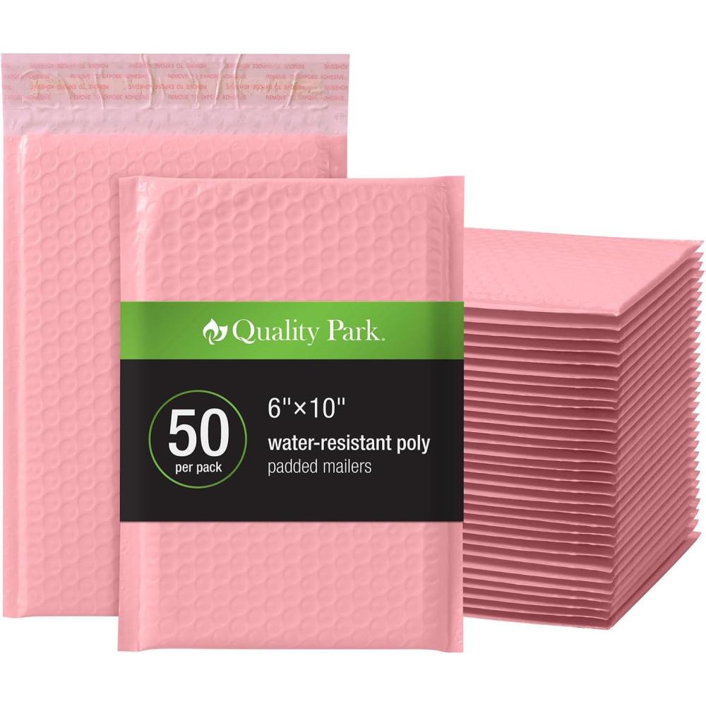 imageQuality Park Bubble Mailers 6 x 9 Inch White Poly Mailers Padded Envelopes Shipping Envelopes Water Resistant Self Seal 50 Per Box QUA85856 PlasticLight Pink