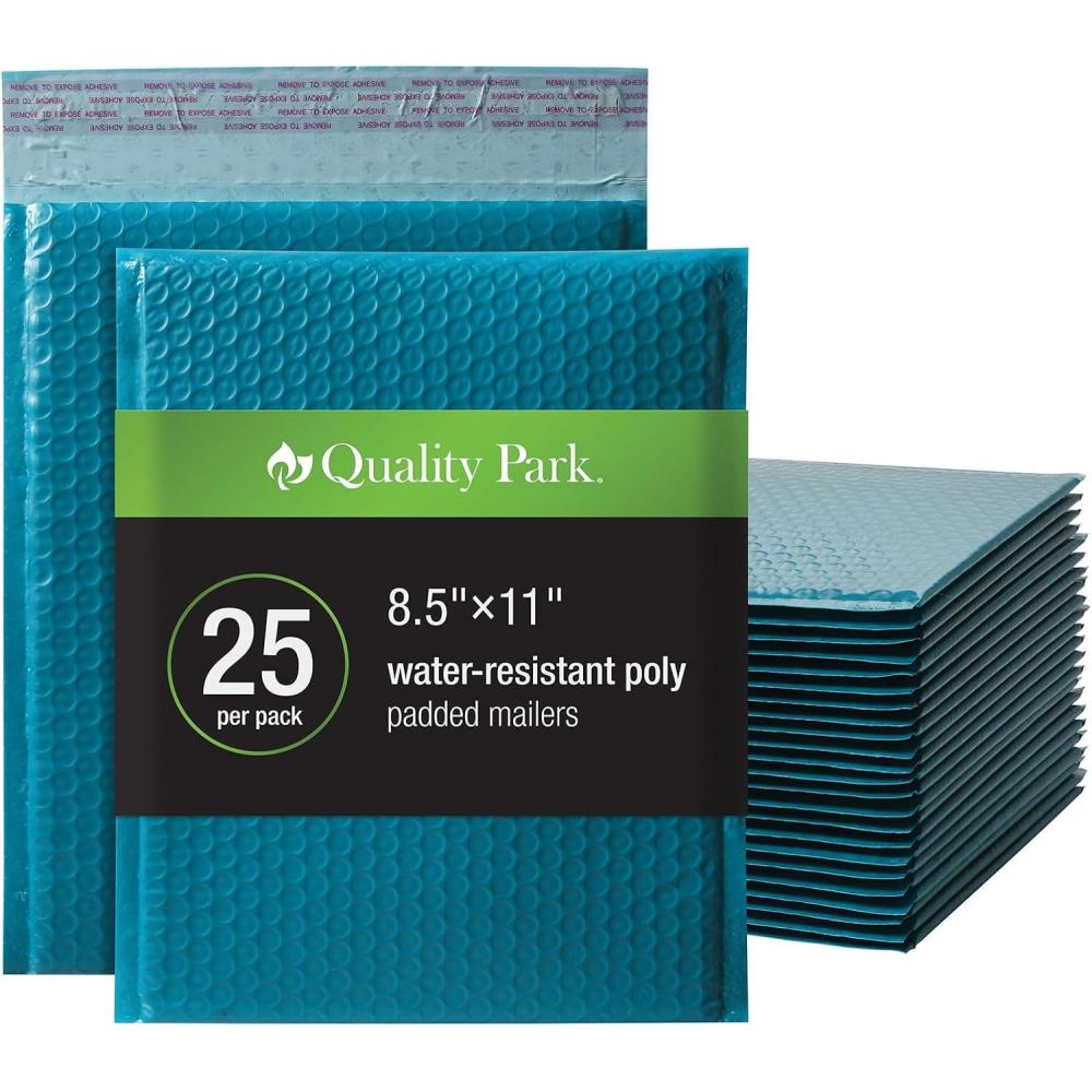 imageQuality Park Bubble Mailers 825 x 11 Shipping Envelopes Water Resistant White Poly Padded Envelopes RediStrip Peel Off Closure 25Box QUA85859Blue