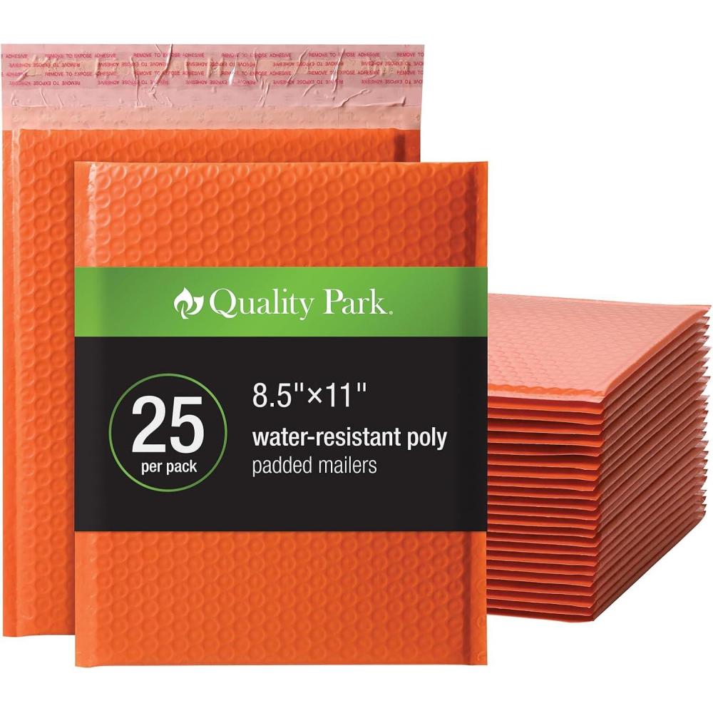 imageQuality Park Bubble Mailers 825 x 11 Shipping Envelopes Water Resistant White Poly Padded Envelopes RediStrip Peel Off Closure 25Box QUA85859Orange