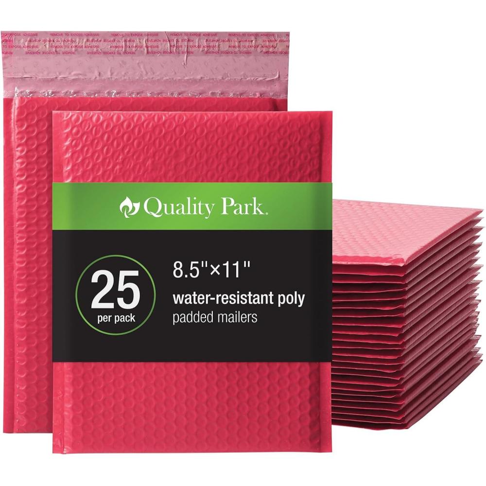 imageQuality Park Bubble Mailers 825 x 11 Shipping Envelopes Water Resistant White Poly Padded Envelopes RediStrip Peel Off Closure 25Box QUA85859Red