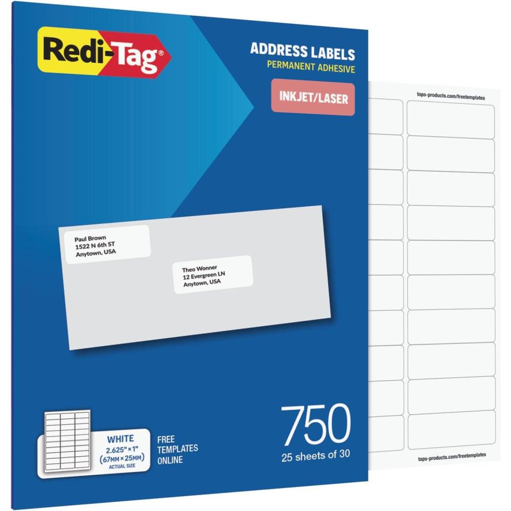 imageRediTag Address Labels 750 Blank 25 Sheets of 30 1quot x 2625quot for Inkjet and Laser Printers Free Online Templates 1009573Inkjet  Laser Labels 1 x 258