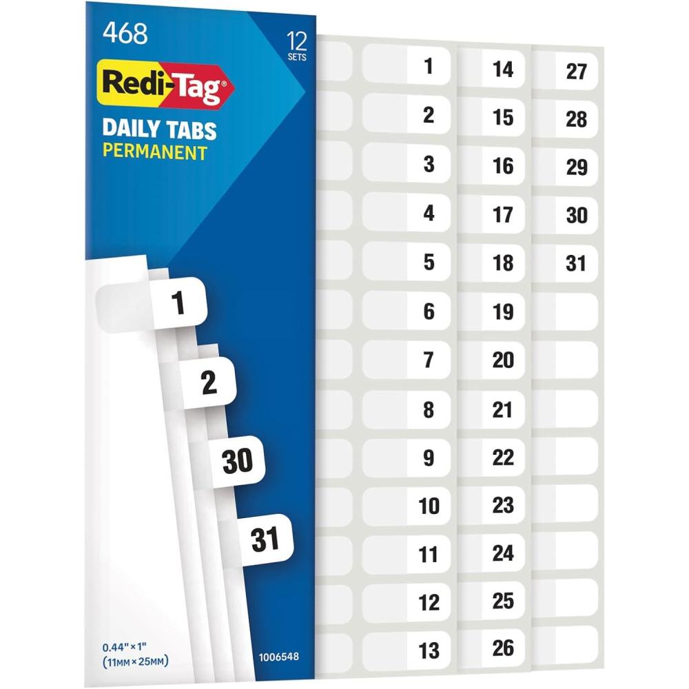 imageRediTag Monthly Adhesive Tabs Preprinted Tabs 8 Sets of JanDec Plus Bonus Blank Tabs 717quot x 1quot Durable and Customizable Labels with Permanent Adhesive for Planners and Files White 1006546Daily Tabs