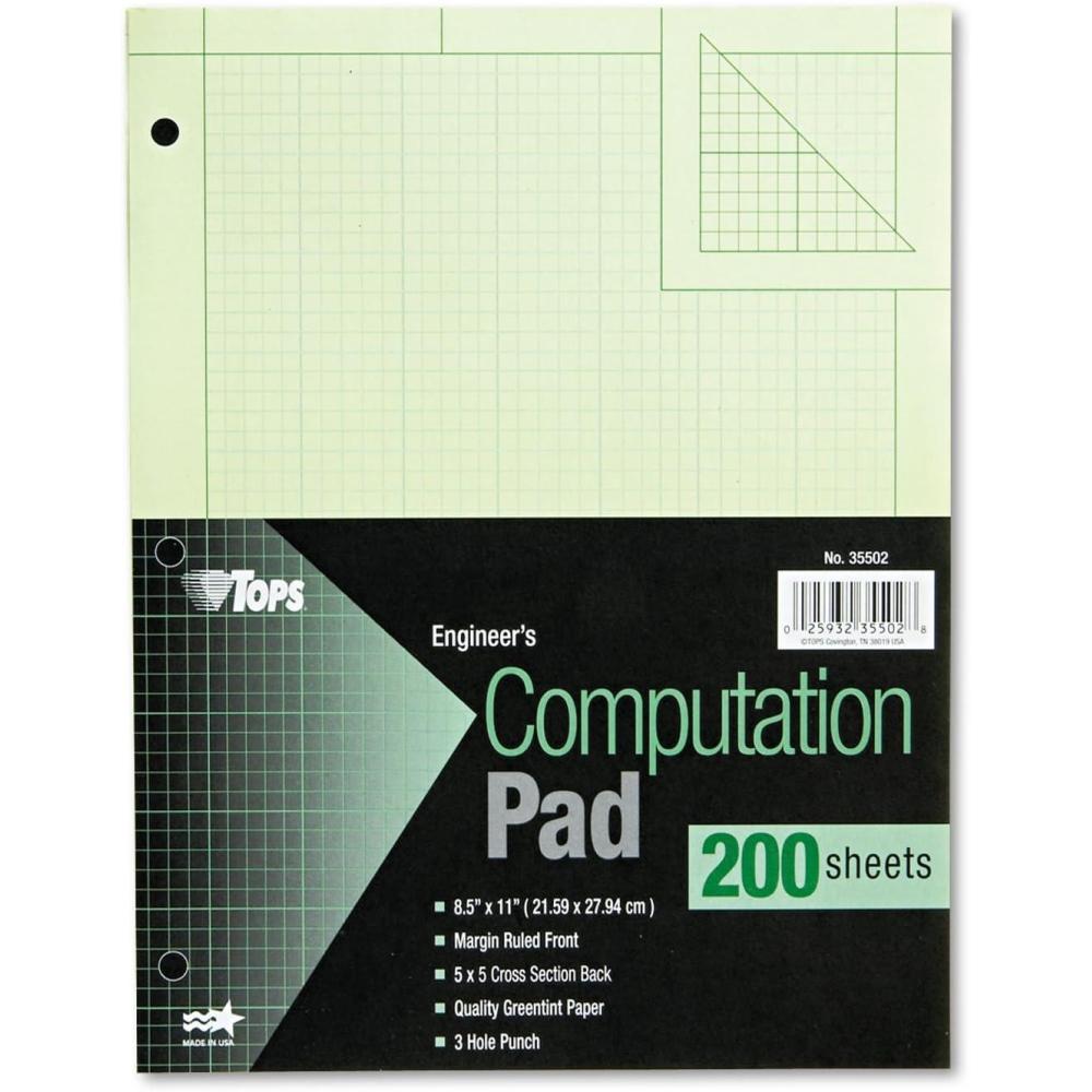 imageTOPS Engineering Computation Pad 812quot x 11quot Glue Top 5 x 5 Graph Rule on Back Green Tint Paper 3Hole Punched 200 Sheets 35502200 Sheets