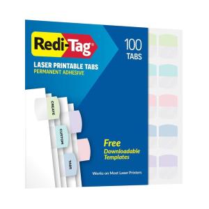 Redi-Tag Laser Printable Tabs, Permanent Index Tabs, Customizable Adhesive Labels, Assorted Pastel Colors, 1.125″ x 1.25″, 100 Per Pack (1006790)