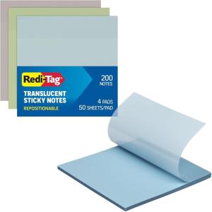 Redi-Tag Translucent Sticky Notes, Transparent Self-Stick Notes, 3″ x 3″, Pastel Colors, 8 Pads, 50 Notes Per Pad, 400 Sheets (1006595)(Calming)
