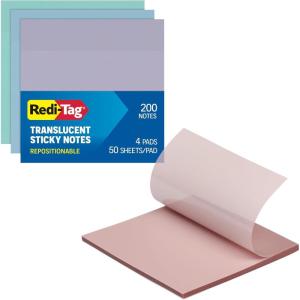 Redi-Tag Translucent Sticky Notes, Transparent Self-Stick Notes, 3″ x 3″, Pastel Colors, 8 Pads, 50 Notes Per Pad, 400 Sheets (1006595)(Pastel)