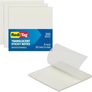 Redi-Tag Translucent Sticky Notes, Transparent Self-Stick Notes, 3″ x 3″, Pastel Colors, 8 Pads, 50 Notes Per Pad, 400 Sheets (1006595)(Transparent)