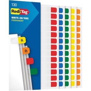 Redi-Tag Write-On Tabs, Permanent Adhesive Index Tabs, Assorted Primary Colors: Yellow, Orange, Red, Blue and Green, 1″ x 7/16″, 130 Pack (1009302)(Primary)