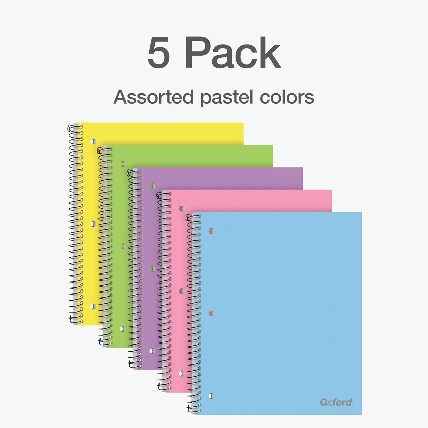 imageOxford 1 Subject Spiral Notebook Notebooks for School Plastic Covers Back to School Supplies Wide Ruled 100 Sheets 5 Pack Assorted Pastel Colors Blue Green Yellow Pink and Purple 1009292
