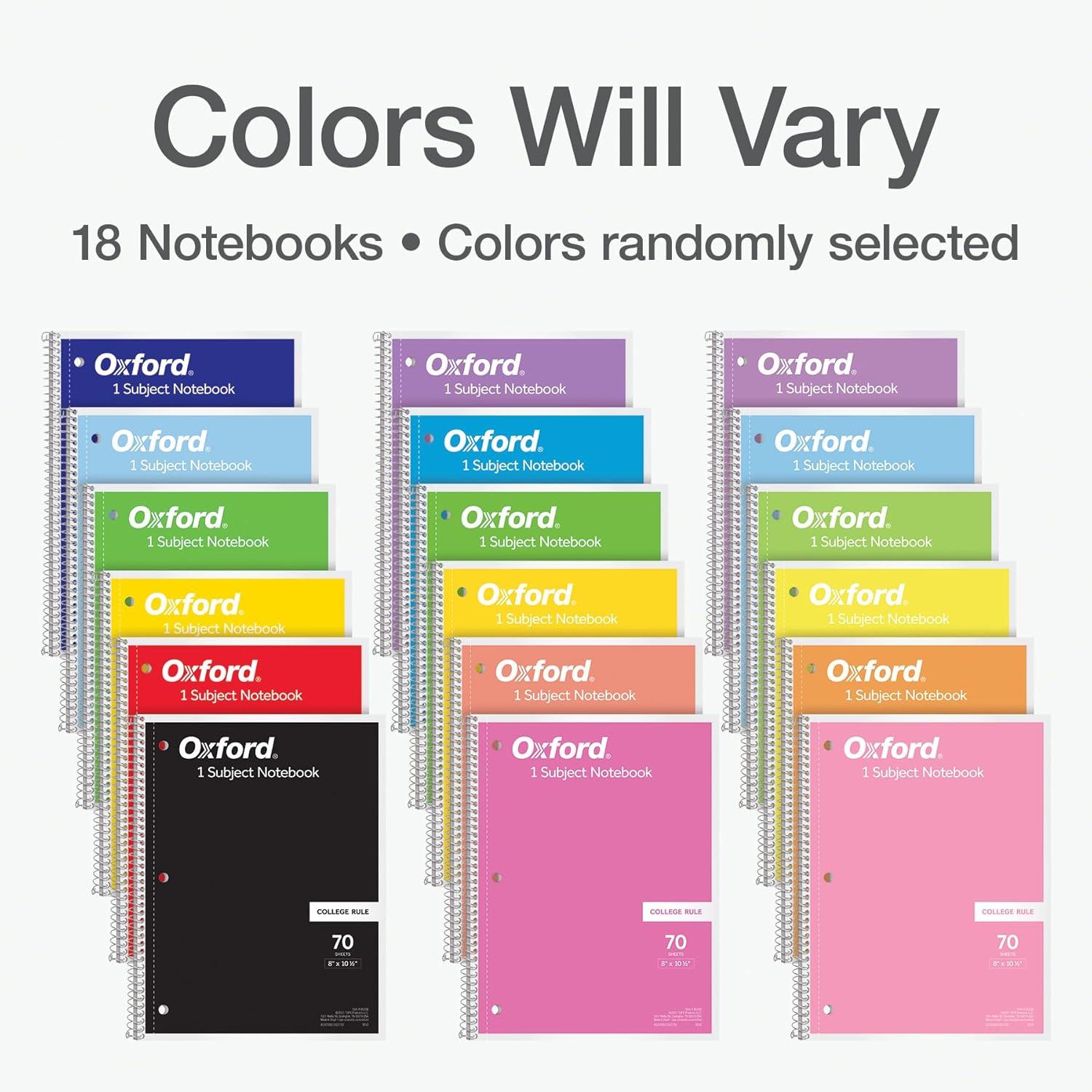imageOxford Spiral Notebook 18 Pack Bulk College Ruled Spiral Notebooks for School 1 Subject College Ruled Paper 8 x 1012 Inches 3Hole Punch Assorted Colors 70 Sheets 65206