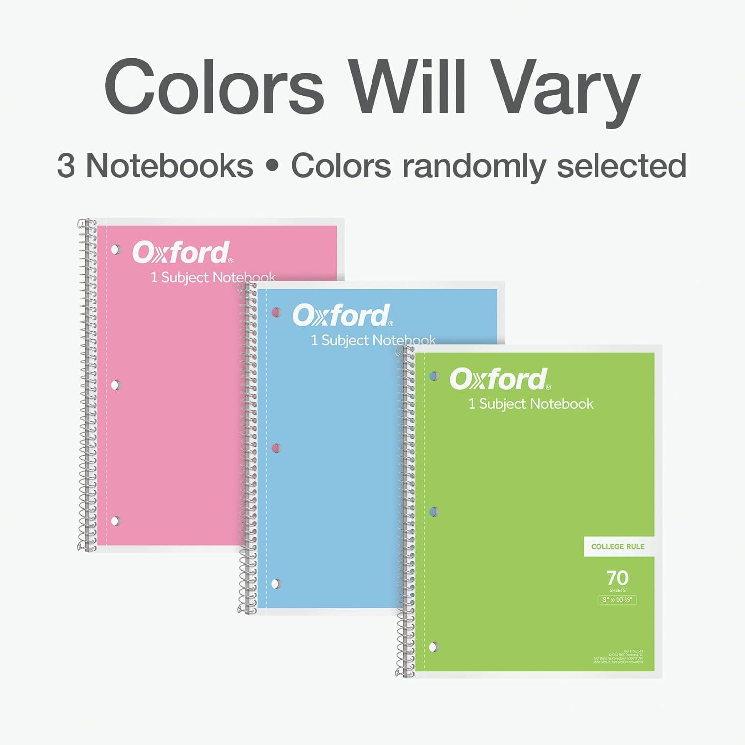 imageOxford Spiral Notebooks 1Subject for School College Ruled Paper 70 Sheets 8 x 105 Inches Assorted Pastel Colors 3 Pack 1002540