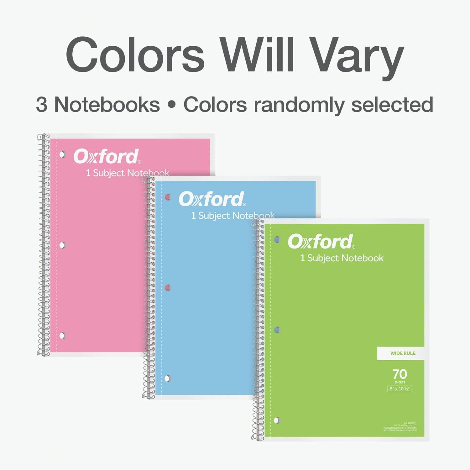 imageOxford Spiral Notebooks 1Subject for School Wide Ruled Paper 70 Sheets 8 x 105 Inches Assorted Pastel Colors 3 Pack 1002541
