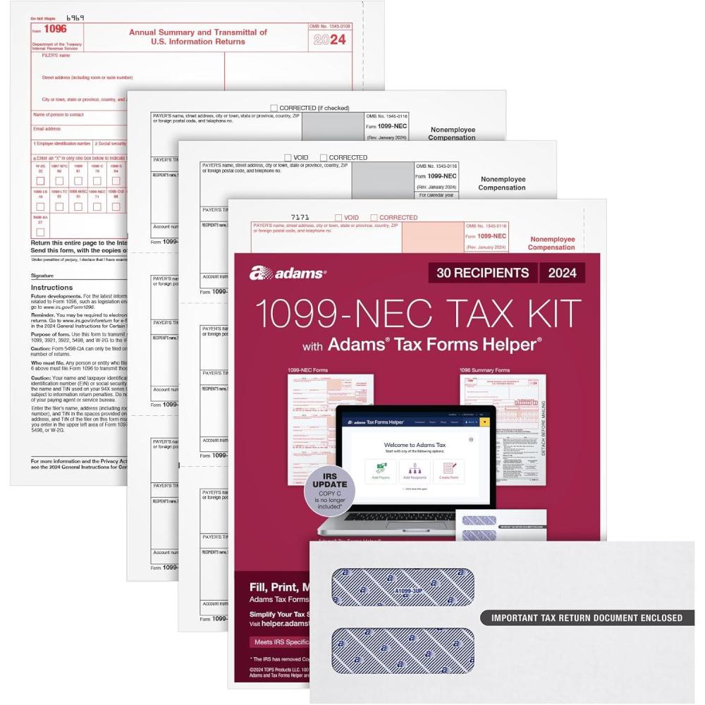 imageAdams 2024 1099 NEC Kit for 30 Recipients 3 Part Laser 1099 Forms 6 1096 Forms Self Seal Envelopes ampamp Access to Adams Tax Forms Helper 1009313