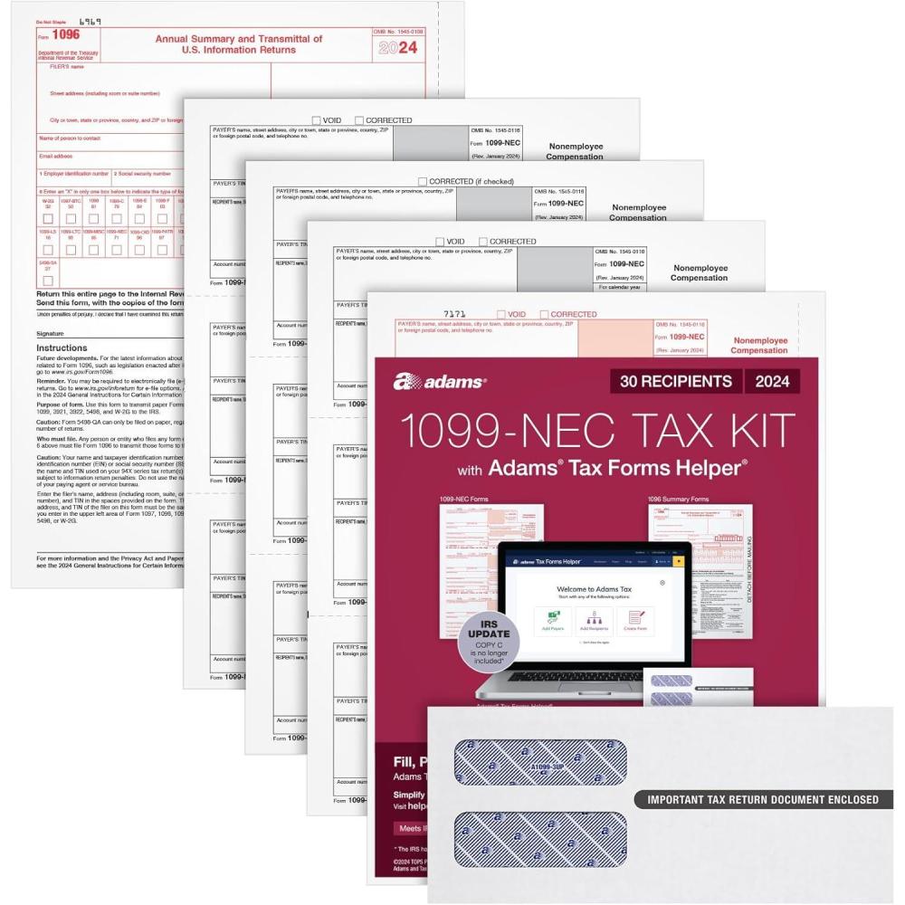 imageAdams 2024 1099 NEC Tax Forms Kit for 30 Recipients 4Part 1099 Forms 3 1096 Forms Self Seal Envelopes Access to Adams Tax Forms Helper 10093172024