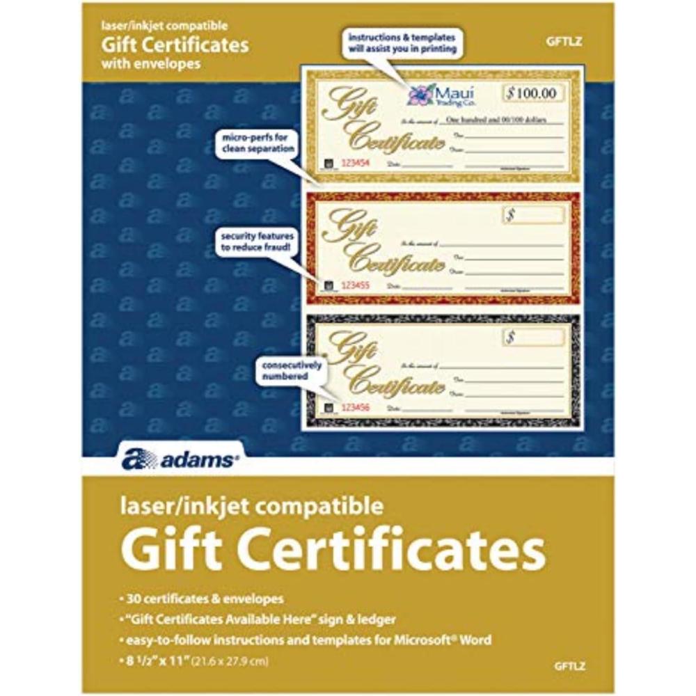 imageAdams Gift Certificates LaserInkjet Compatible 3Up 30 per Pack with Envelopes GFTLZWhite