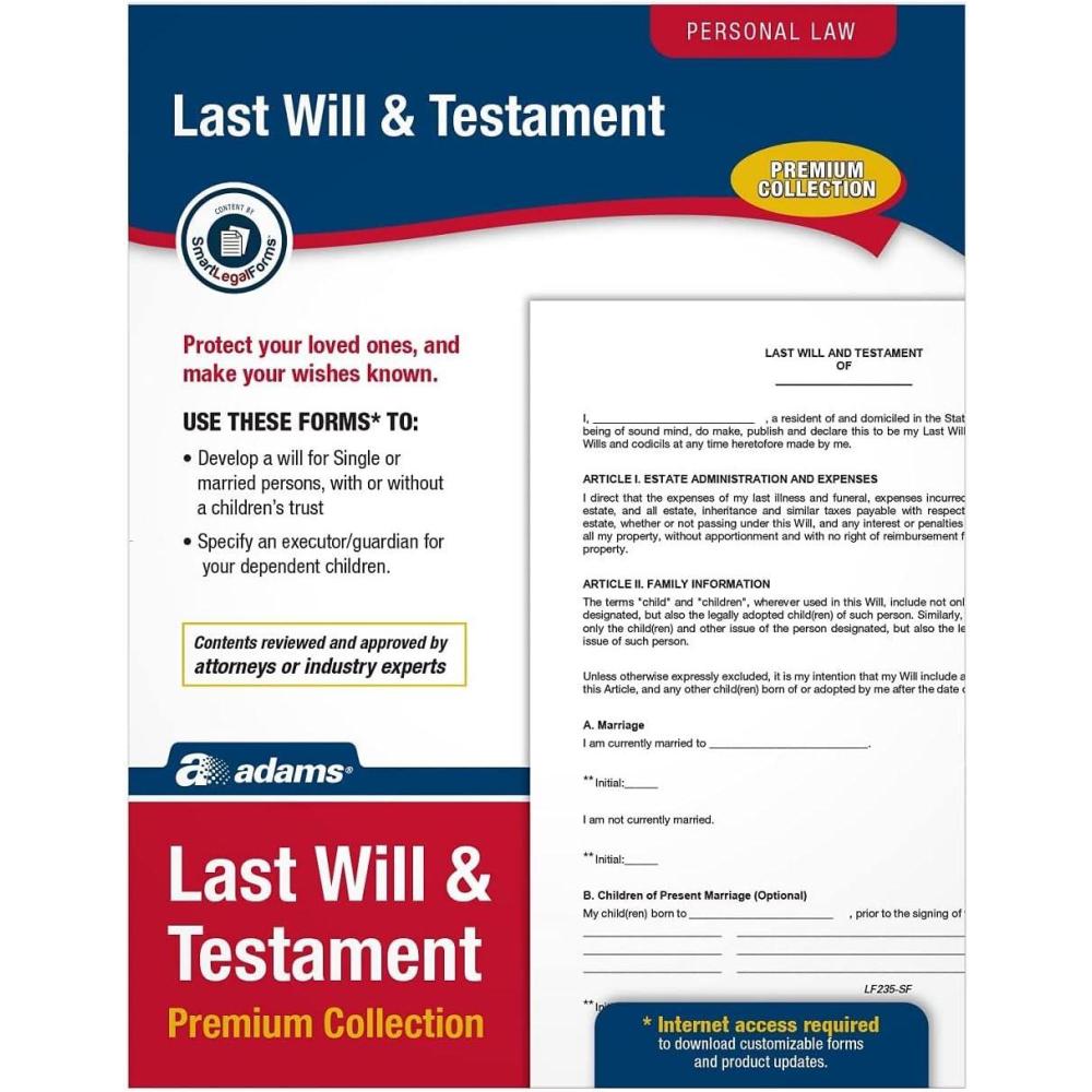 imageAdams Last Will and Testament Forms and Instructions Downloadable Product Details on Packaging USA Only LF235 11xquot85quotx013quot