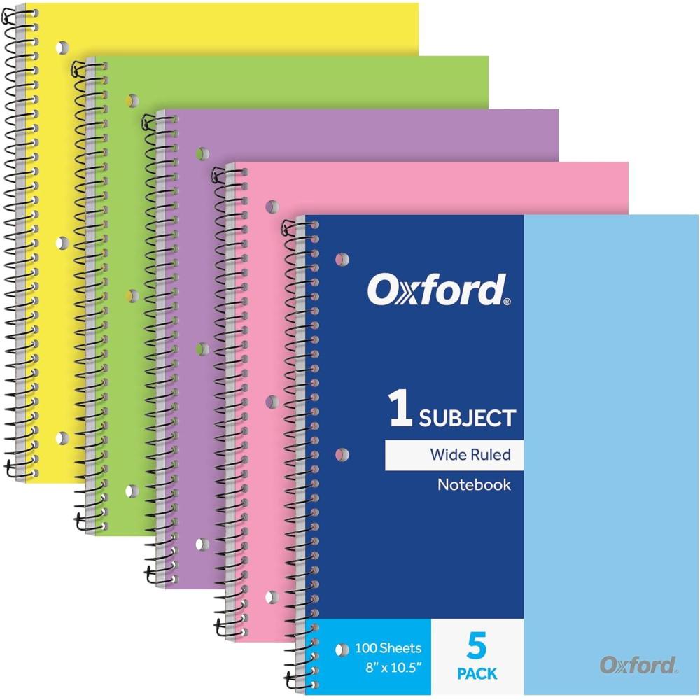imageOxford 1 Subject Spiral Notebook Notebooks for School Plastic Covers Back to School Supplies Wide Ruled 100 Sheets 5 Pack Assorted Pastel Colors Blue Green Yellow Pink and Purple 1009292