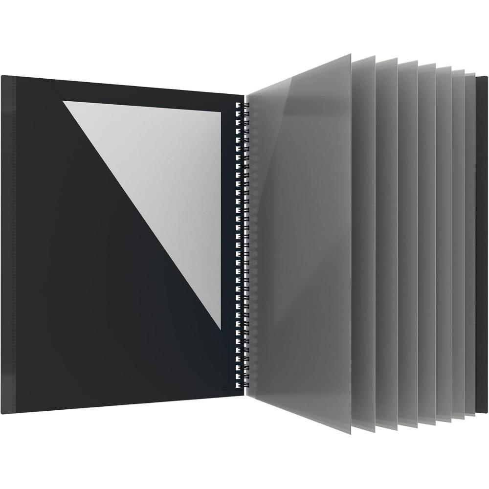 imageOxford 10 Pocket Folder Sturdy Plastic Spiral Portfolio AntiTear Edges 8 Pockets 2 Diagonal Interior Pockets Letter Size Black 89332