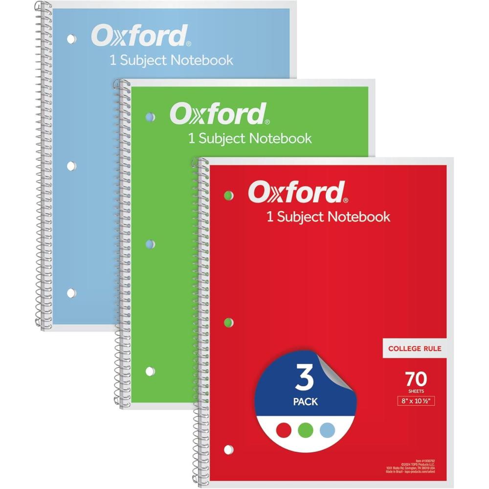 imageOxford 1Subject Notebooks Notebooks for School 8 x 105 Inches College Rule 70 Sheets Assorted Primary Colors 3 Pack Colors May Vary 1006792