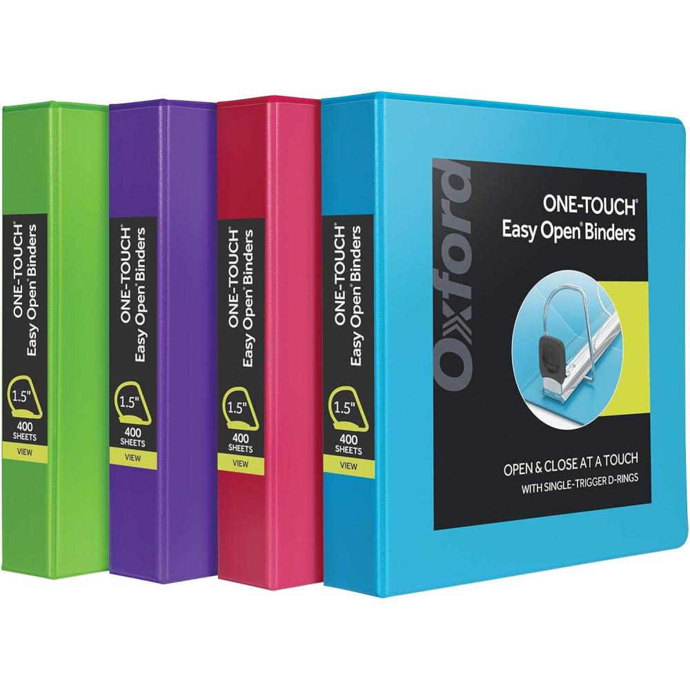 imageOxford 3 Ring Binders 15 inch ONETouch Easy Open D Rings Durable Binders for School and Office ClearVue Xtralife Hinge NonStick PVCFree Assorted Colors Holds 375 Sheets 4 PK 7990815 Inch