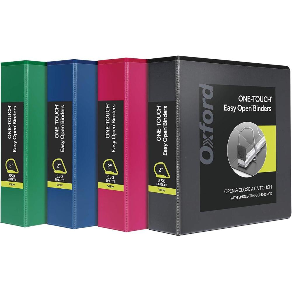 imageOxford 3 Ring Binders 2 Inch ONETouch Easy Open D Rings 3Sided View Binder Covers Xtralife Hinge NonStick PVCFree Assorted Colors 530Sheet Capacity 4 Pack 79912