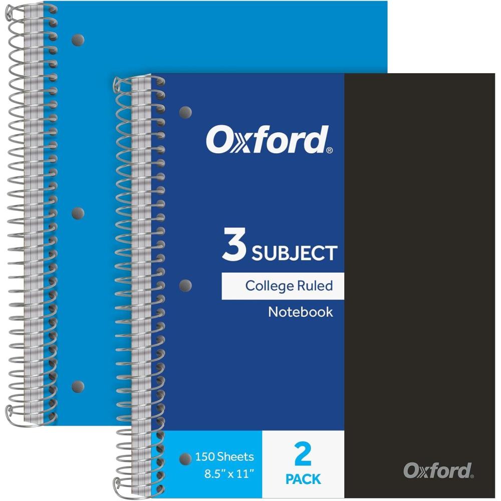 imageOxford 3 Subject Spiral Notebook Notebooks for School Plastic Covers Back to School Supplies College Ruled 150 Sheets 2 Pack Black and Blue 1009293